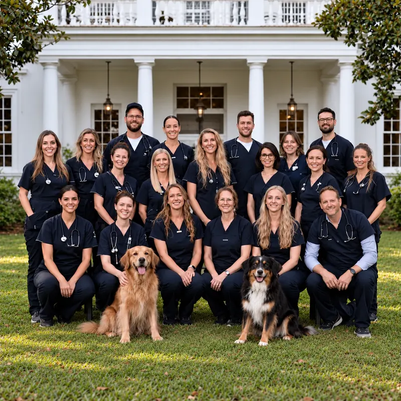 A veterinary clinic team of around twenty people in dark scrubs, with two dogs, gathered outside a white-columned building