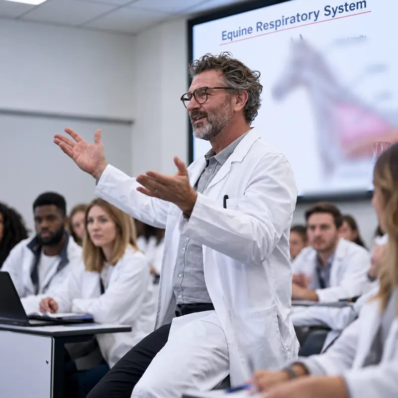 A veterinary educator in a white coat gesturing mid-discussion with students around a seminar table