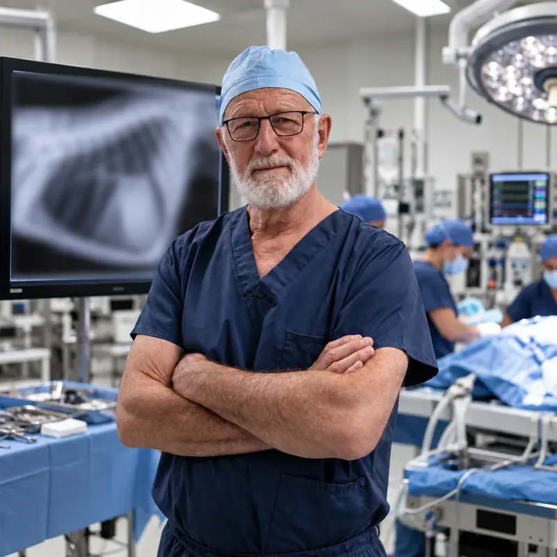 A surgeon in scrubs standing with his arms crossed in an operating theatre, with a chest radiograph on a monitor behind him and a clinical team at work
